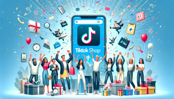 A celebratory scene with confetti and happy consumers and business owners, all using TikTok Shop on their devices