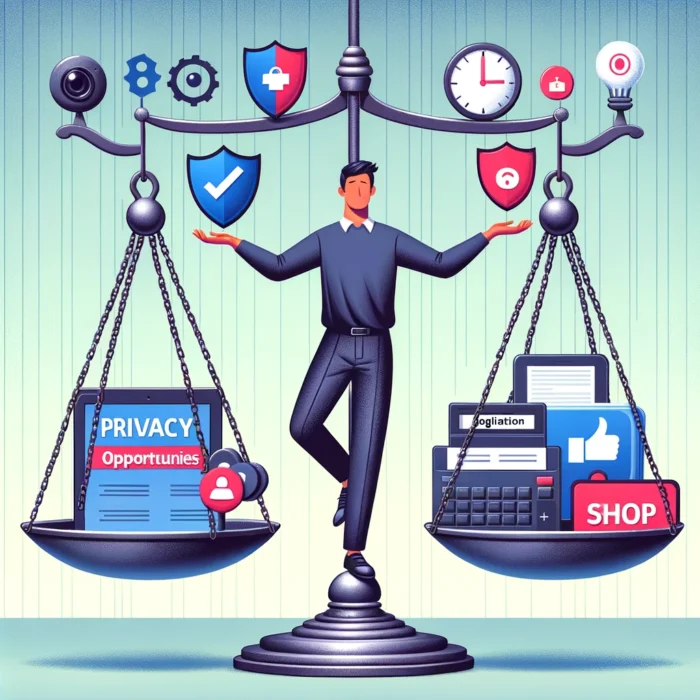 An illustration of a person juggling different TikTok elements like privacy shields, video production tools, and regulatory documents