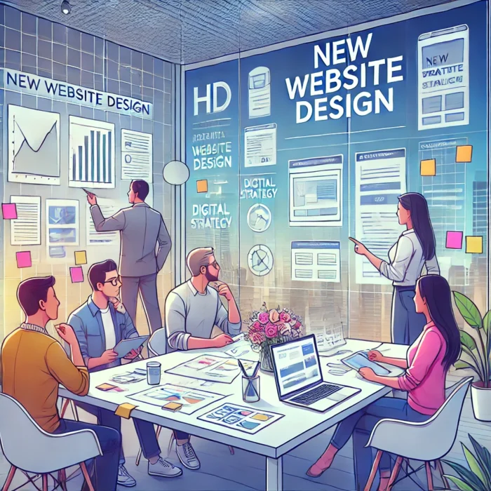 A modern digital illustration depicting a startup team planning their SEO strategy for their new startup website. The scene shows a collaborative workspace with six diverse team members