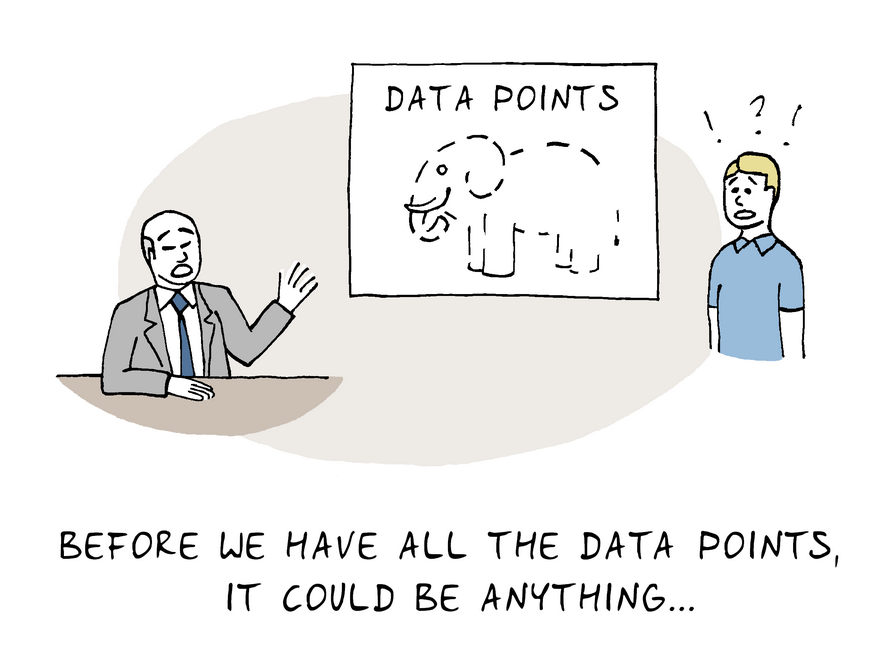 Illustrated joke about data points. One person presenting to another, image on the all of the outline of an elephant with the caption "BEFORE WE HAVE ALL THE DATA POINTS, IT COULD BE ANYTHING..."